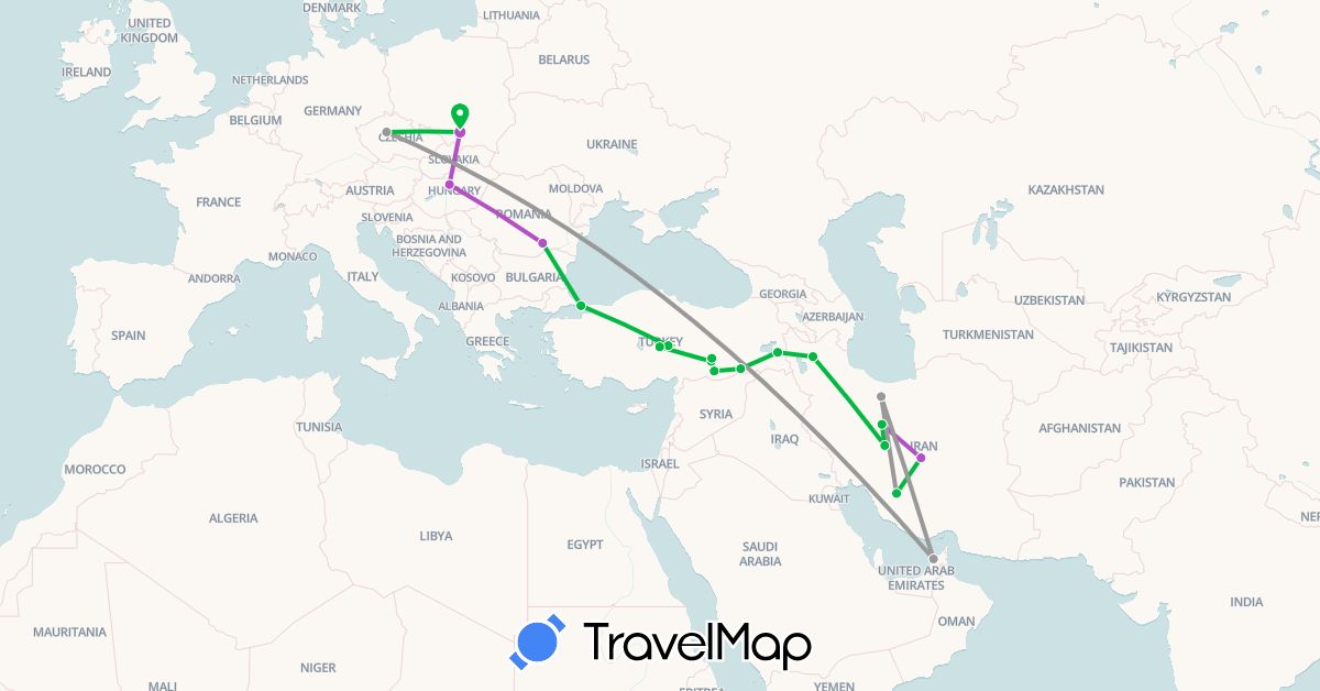 TravelMap itinerary: driving, bus, plane, train in United Arab Emirates, Czech Republic, Hungary, Iran, Poland, Romania, Turkey (Asia, Europe)